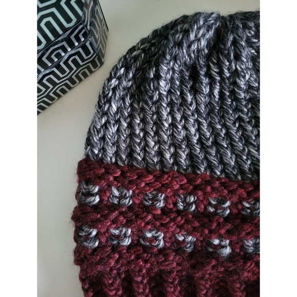 Two-Tone Waffle-Base Knit Beanie - Charcoal/Burgundy (Handmade) - Picture 6 of 12